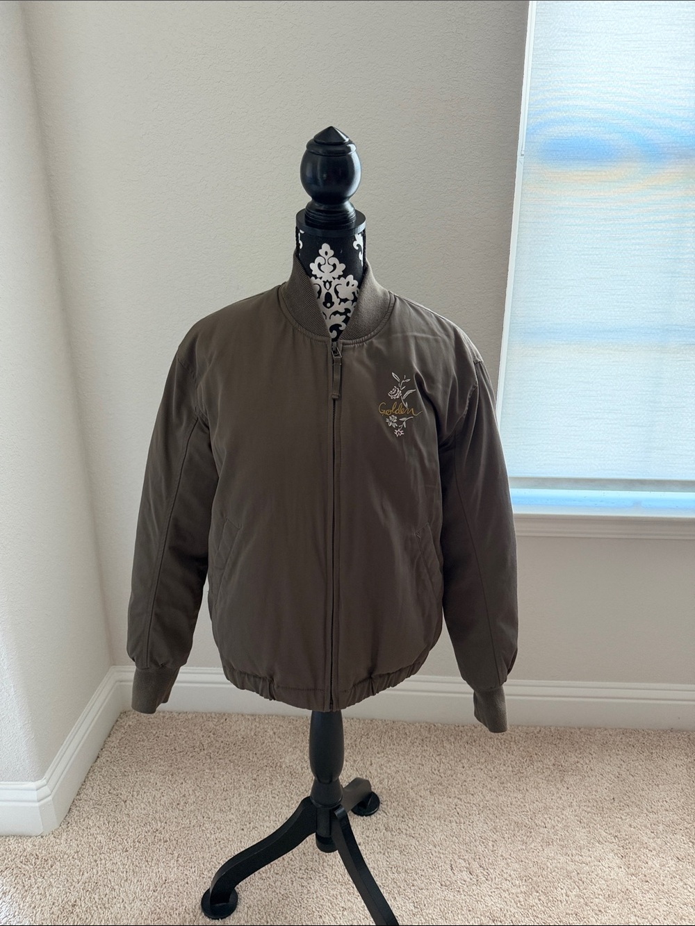 TNA Olive Green Bomber Jacket with Subtle Embroidery